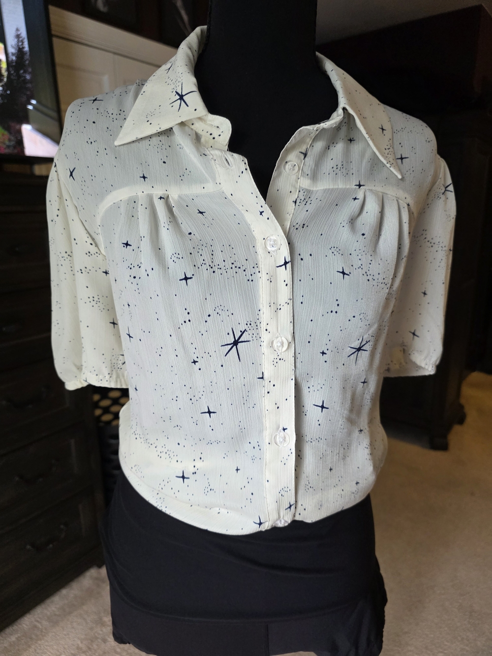 Unique Vintage XL Cream Celestial Star Print Button Front Blouse Retro Top